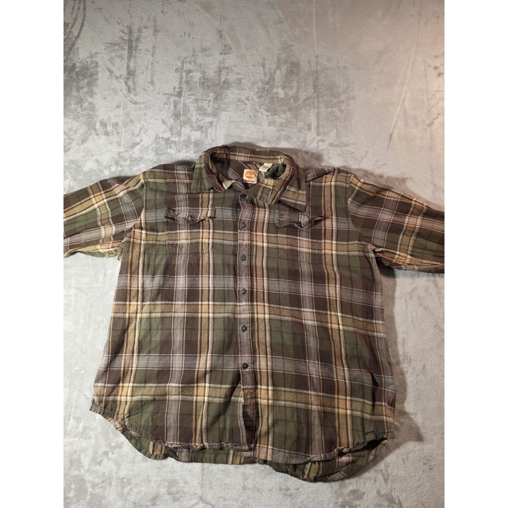 Timberland Flannel Shirt Men's 2XL Brown Green Plaid Button Up Outdoor Workwear